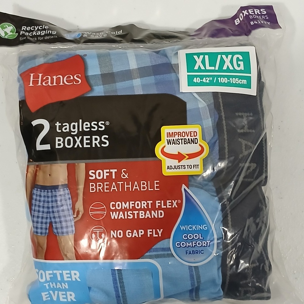 Hanes XL Men's‎ Tagless Boxer Shorts Blue Plaid No Gap Fly Comfort Flex